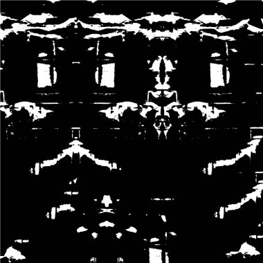 Grunge üst üste biniyor. Soyut siyah-beyaz vektör arkaplanı. Çatlak, leke ve noktalarda kirli desenli tek renkli klasik yüzey. Karanlık korku tarzında eski bir duvar.