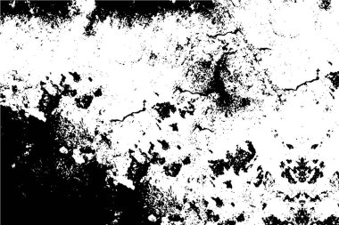 Grunge üst üste biniyor. Soyut siyah-beyaz vektör arkaplanı. Çatlak, leke ve noktalarda kirli desenli tek renkli klasik yüzey. Karanlık korku tarzında eski bir duvar.