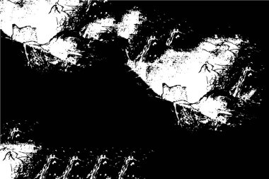 Grunge üst üste biniyor. Soyut siyah-beyaz vektör arkaplanı. Çatlak, leke ve noktalarda kirli desenli tek renkli klasik yüzey. Karanlık korku tarzında eski bir duvar.