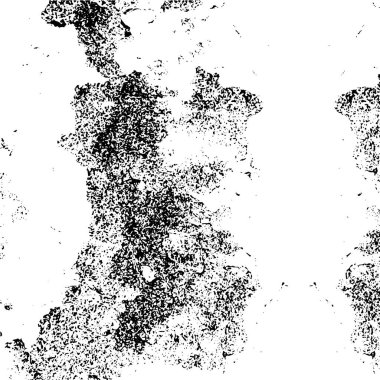 Grunge üst üste biniyor. Soyut siyah-beyaz vektör arkaplanı. Çatlak, leke ve noktalarda kirli desenli tek renkli klasik yüzey. Karanlık korku tarzında eski bir duvar.