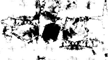 Grunge üst üste biniyor. Soyut siyah-beyaz vektör arkaplanı. Çatlak, leke ve noktalarda kirli desenli tek renkli klasik yüzey. Karanlık korku tarzında eski bir duvar.