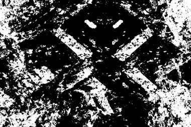 Grunge üst üste biniyor. Soyut siyah-beyaz vektör arkaplanı. Çatlak, leke ve noktalarda kirli desenli tek renkli klasik yüzey. Karanlık korku tarzında eski bir duvar.