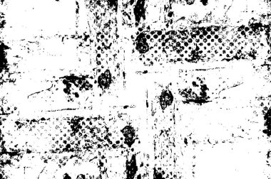 Grunge üst üste biniyor. Soyut siyah-beyaz vektör arkaplanı. Çatlak, leke ve noktalarda kirli desenli tek renkli klasik yüzey. Karanlık korku tarzında eski bir duvar.