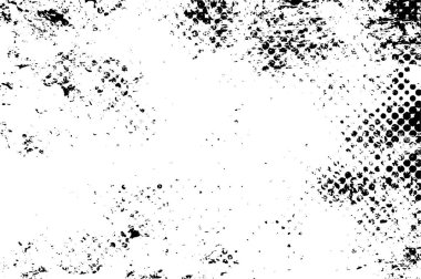Grunge üst üste biniyor. Soyut siyah-beyaz vektör arkaplanı. Çatlak, leke ve noktalarda kirli desenli tek renkli klasik yüzey. Karanlık korku tarzında eski bir duvar.