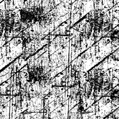 Grunge siyah ve beyaz dikişsiz desen. Tek renkli soyut doku. Çatlakların, sürtünmelerin, talaşların, lekelerin, mürekkep lekelerinin, çizgilerin arka planı. Koyu tasarım arka plan yüzeyi. Gri yazdırma öğesi