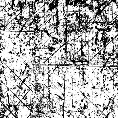 Soyut grunge gri koyu sıva duvar arkaplanı. Siyah beyaz boya sıçramış. Sanat, biçimlendirilmiş dokuma afişi, duvar kağıdı. Arkaplanda noktalar, çatlaklar, noktalar, fişler var. Tek renkli baskı