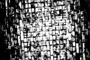 Grunge üst üste biniyor. Soyut siyah-beyaz vektör arkaplanı. Çatlak, leke ve noktalarda kirli desenli tek renkli klasik yüzey. Karanlık korku tarzında eski bir duvar.