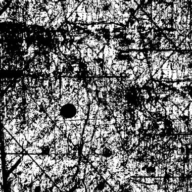 Eski grunge yıpranmış duvar arkası. Siyah ve beyaz soyut doku. Çatlakların, sürtünmelerin, çiplerin, lekelerin, mürekkep lekelerinin, çizgilerin geçmişi. Karanlık tasarım arka plan yüzeyi. Gri yazdırma ögesi