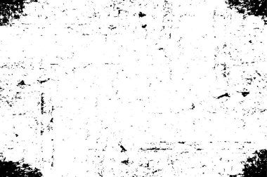 Grunge üst üste biniyor. Soyut siyah-beyaz vektör arkaplanı. Çatlak, leke ve noktalarda kirli desenli tek renkli klasik yüzey. Karanlık korku tarzında eski bir duvar.