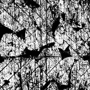 Grunge üst üste biniyor. Soyut siyah-beyaz vektör arkaplanı. Çatlak, leke ve noktalarda kirli desenli tek renkli klasik yüzey. Karanlık korku tarzında eski bir duvar.