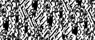 Grunge siyah ve beyaz dikişsiz desen. Tek renkli soyut doku. Çatlakların, sürtünmelerin, talaşların, lekelerin, mürekkep lekelerinin, çizgilerin arka planı. Koyu tasarım arka plan yüzeyi. Gri yazdırma öğesi