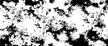 Grunge siyah beyaz. Tek renkli vektör dokusu. Mürekkep lekeleri, çatlaklar, solgunluk. Eskimiş kumlu şablonu üst üste koy. Duvarı yenile, arka plan çizildi