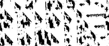 Grunge siyah beyaz. Tek renkli vektör dokusu. Mürekkep lekeleri, çatlaklar, solgunluk. Eskimiş kumlu şablonu üst üste koy. Duvarı yenile, arka plan çizildi
