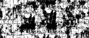 Grunge üst üste biniyor. Soyut siyah-beyaz vektör arkaplanı. Çatlak, leke ve noktalarda kirli desenli tek renkli klasik yüzey. Karanlık korku tarzında eski bir duvar.