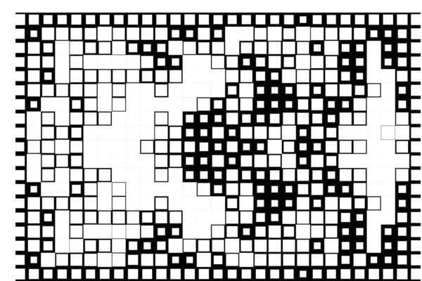 正方形を背景に 黒と白のピクセルが付いている抽象的な壁紙 — ストックベクタ