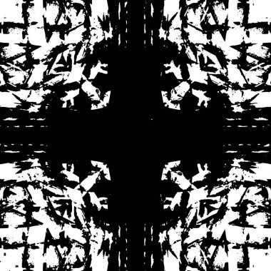 Grunge üst üste biniyor. Soyut siyah-beyaz vektör arkaplanı. Çatlak, leke ve noktalarda kirli desenli tek renkli klasik yüzey. Karanlık korku tarzında eski bir duvar.