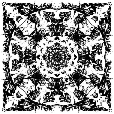 Grunge üst üste biniyor. Soyut siyah-beyaz vektör arkaplanı. Çatlak, leke ve noktalarda kirli desenli tek renkli klasik yüzey. Karanlık korku tarzında eski bir duvar.