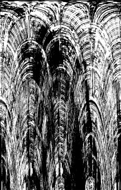 Grunge üst üste biniyor. Soyut siyah-beyaz vektör arkaplanı. Çatlak, leke ve noktalarda kirli desenli tek renkli klasik yüzey. Karanlık korku tarzında eski bir duvar.