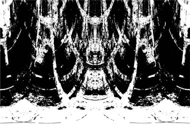 Grunge üst üste biniyor. Soyut siyah-beyaz vektör arkaplanı. Çatlak, leke ve noktalarda kirli desenli tek renkli klasik yüzey. Karanlık korku tarzında eski bir duvar.