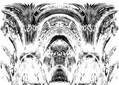 Grunge dikey olarak simetrik siyah beyaz doku. Tek renkli yıpranmış kaplama deseni. 