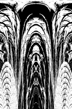 Grunge dikey olarak simetrik siyah beyaz doku. Tek renkli yıpranmış kaplama deseni. 