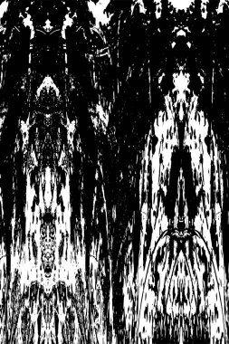 Grunge üst üste biniyor. Soyut siyah-beyaz vektör arkaplanı. Çatlak, leke ve noktalarda kirli desenli tek renkli klasik yüzey. Karanlık korku tarzında eski bir duvar.