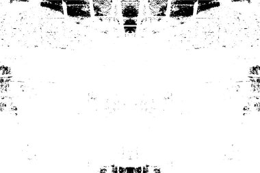 Grunge üst üste biniyor. Soyut siyah-beyaz vektör arkaplanı. Çatlak, leke ve noktalarda kirli desenli tek renkli klasik yüzey. Karanlık korku tarzında eski bir duvar.