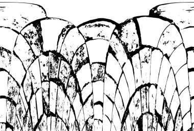 Grunge üst üste biniyor. Soyut siyah-beyaz vektör arkaplanı. Çatlak, leke ve noktalarda kirli desenli tek renkli klasik yüzey. Karanlık korku tarzında eski bir duvar.