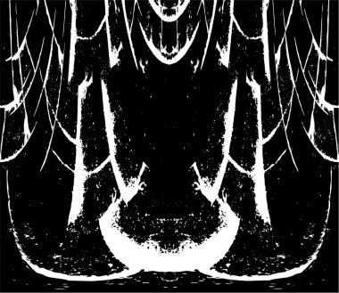 Grunge dikey olarak simetrik siyah beyaz doku. Tek renkli yıpranmış kaplama deseni. 