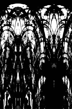 Grunge Siyah ve Beyaz Şehir Vektör Doku Şablonu. Çatlakların, lekelerin, çiplerin, çizgilerin koyu arkaplanı.