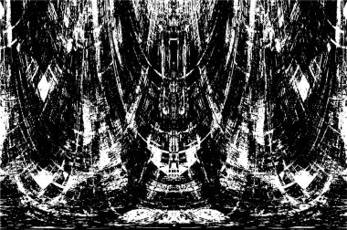 Grunge üst üste biniyor. Soyut siyah-beyaz vektör arkaplanı. Çatlak, leke ve noktalarda kirli desenli tek renkli klasik yüzey. Karanlık korku tarzında eski bir duvar.