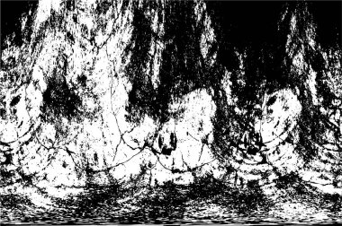 Grunge üst üste biniyor. Soyut siyah-beyaz vektör arkaplanı. Çatlak, leke ve noktalarda kirli desenli tek renkli klasik yüzey. Karanlık korku tarzında eski bir duvar.