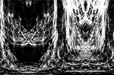 Grunge üst üste biniyor. Soyut siyah-beyaz vektör arkaplanı. Çatlak, leke ve noktalarda kirli desenli tek renkli klasik yüzey. Karanlık korku tarzında eski bir duvar.