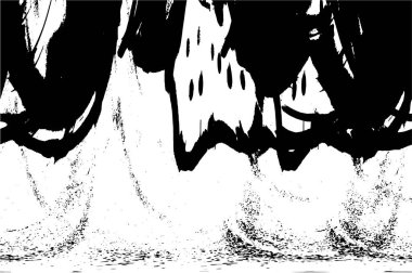 Grunge üst üste biniyor. Soyut siyah-beyaz vektör arkaplanı. Çatlak, leke ve noktalarda kirli desenli tek renkli klasik yüzey. Karanlık korku tarzında eski bir duvar.