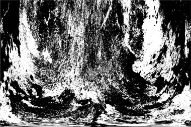 Grunge üst üste biniyor. Soyut siyah-beyaz vektör arkaplanı. Çatlak, leke ve noktalarda kirli desenli tek renkli klasik yüzey. Karanlık korku tarzında eski bir duvar.