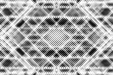 Yarı ton siyah beyaz grunge arka plan. Beyaz arka plana dağılmış noktaların dokusu. Kartvizitlerde, rozetlerde, etiketlerde klasik sanat tarzında soyut desenler var. Vektör tek renkli elementler