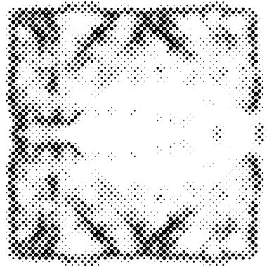 Yarı ton siyah beyaz grunge arka plan. Beyaz arka plana dağılmış noktaların dokusu. Kartvizitlerde, rozetlerde, etiketlerde klasik sanat tarzında soyut desenler var. Vektör tek renkli elementler