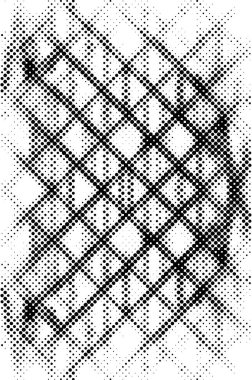 Soyut grunge ızgarası polka nokta yarım ton arkaplan deseni. Benekli siyah beyaz çizgi çizimi