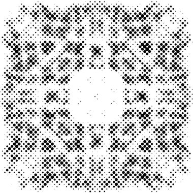 Yarı ton siyah beyaz grunge arka plan. Beyaz arka plana dağılmış noktaların dokusu. Kartvizitlerde, rozetlerde, etiketlerde klasik sanat tarzında soyut desenler var. Vektör tek renkli elementler