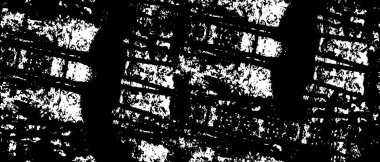 Grunge üst üste biniyor. Soyut siyah-beyaz vektör arkaplanı. Çatlak, leke ve noktalarda kirli desenli tek renkli klasik yüzey. Karanlık korku tarzında eski bir duvar.