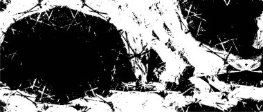 Grunge üst üste biniyor. Soyut siyah-beyaz vektör arkaplanı. Çatlak, leke ve noktalarda kirli desenli tek renkli klasik yüzey. Karanlık korku tarzında eski bir duvar.