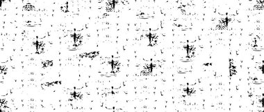 Grunge üst üste biniyor. Soyut siyah-beyaz vektör arkaplanı. Çatlak, leke ve noktalarda kirli desenli tek renkli klasik yüzey. Karanlık korku tarzında eski bir duvar.