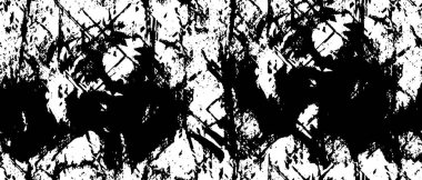 Grunge üst üste biniyor. Soyut siyah-beyaz vektör arkaplanı. Çatlak, leke ve noktalarda kirli desenli tek renkli klasik yüzey. Karanlık korku tarzında eski bir duvar.