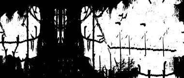 Grunge üst üste biniyor. Soyut siyah-beyaz vektör arkaplanı. Çatlak, leke ve noktalarda kirli desenli tek renkli klasik yüzey. Karanlık korku tarzında eski bir duvar.