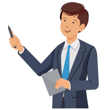 Beyaz arkaplan, vektör illüstrasyonunda izole edilmiş bir sunum veren işadamı 