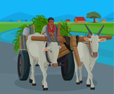 farmer with bullock cart in the countryside illustration clipart