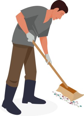 Beyaz arka planda süpürgesi olan çöp temizleyicisi