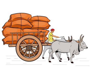 Hint Bullock Cart 'ına binen Hintli adam içinde ekinler, vektörler ve çizimler var.