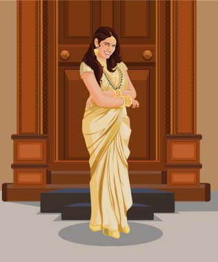 Güzel Hintli kadın kapının yanında duruyor.