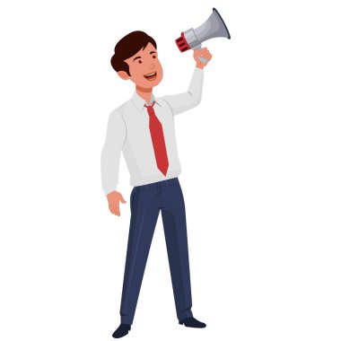 Megafon karakterli bir iş adamı. Beyaz arkaplanda izole edilmiş vektör düz çizgi film çizimi.